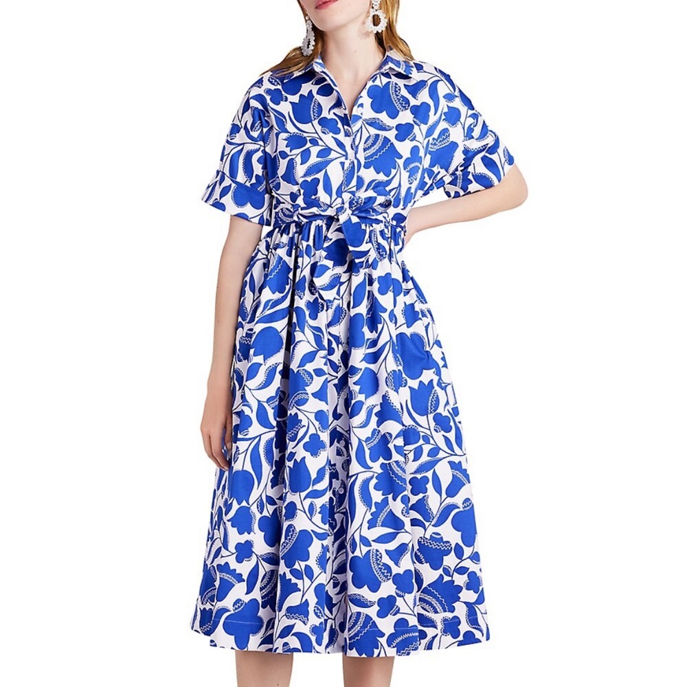 Kate Spade Zig-Zag Floral Shirtdress Sz Large Blueberry Blue Button Up Belted